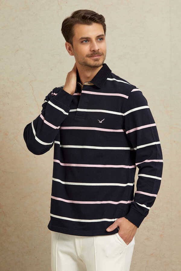 Lacivert - Pembe %100 Pamuk Kadife Yaka Sweatshirt